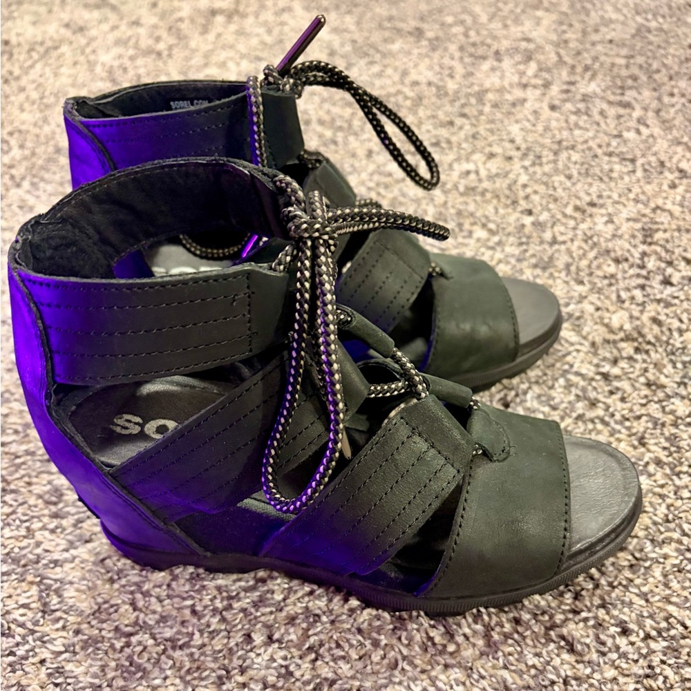 Black Leather Sorel Wedge Sandals